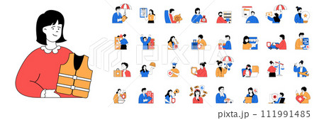 Insurance concept with character situations mega set in flat web design. Bundle of scenes people protecting money, car, house, health and use other insurance safety programs. Vector illustrations. 111991485