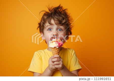 Joyful young boy in a yellow shirt bites a colorful ice cream cone against a vibrant orange backdrop Joyful young boy in a yellow shirt bites a colorful ice cream cone against a vibrant orange backdrop 111991651
