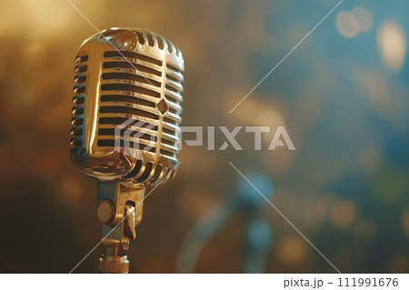 Vintage microphone against a bokeh background. Live performance or recording session 111991676