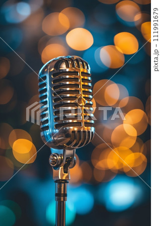 Vintage microphone against a bokeh background. Live performance or recording session 111991679