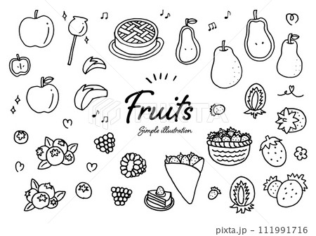 ペンを使った手描きのかわいい果物のイラスト素材	 ペンを使った手描きのかわいい果物のイラスト素材	 111991716