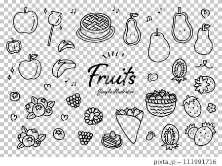 ペンを使った手描きのかわいい果物のイラスト素材	 ペンを使った手描きのかわいい果物のイラスト素材	 111991716