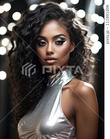 closeup beautiful darkskinned woman with creative makeup with glitter, festive makeup for a party, new year, disco, holiday. AI generated 111991806
