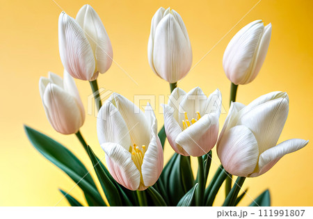 A bouquet of white tulips on on yellow solid background A festive birthday card, March 8th, a spring gift. AI generated 111991807