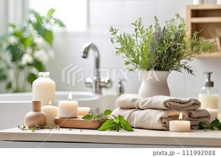 Natural handmade soap and candles in white bathroom on eco-style background, rolled towels, potted plants. Hobby soap making, home made. AI generated Natural handmade soap and candles in white bathroom on eco-style background, rolled towels, potted plants. Hobby soap making, home made. AI generated 111992088
