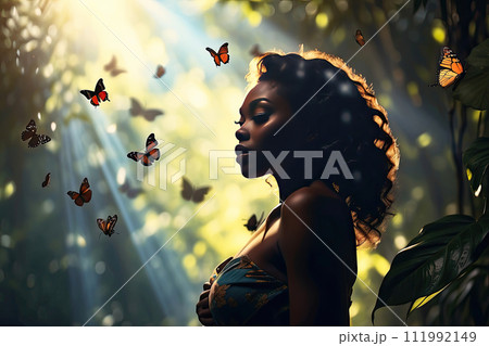A darkskinned woman in a tropical misty forest surrounded by butterflies in a ray of light - enjoyment of nature, beauty, feminine energy, femininity, magical radiance, unity with nature. AI generated 111992149