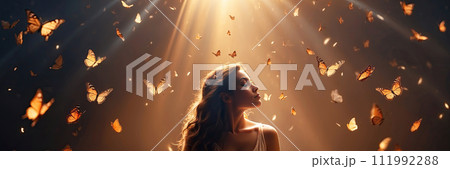 A woman in a magical misty light surrounded by butterflies in a ray of light - enjoyment of nature, beauty, feminine energy, femininity, magical radiance, unity with nature. AI generated A woman in a magical misty light surrounded by butterflies in a ray of light - enjoyment of nature, beauty, feminine energy, femininity, magical radiance, unity with nature. AI generated 111992288