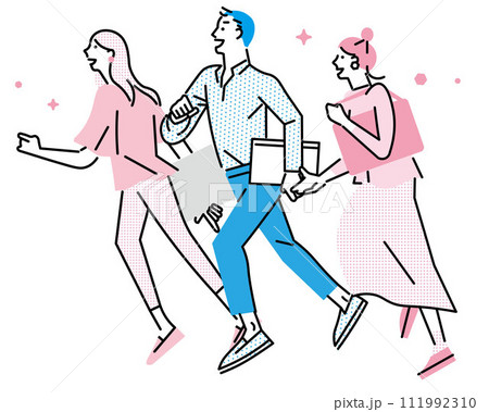 ジャンプして走る学生たちのイメージイラスト-スタートアップー新生活スタートのイメージ白バックイラスト素材 111992310