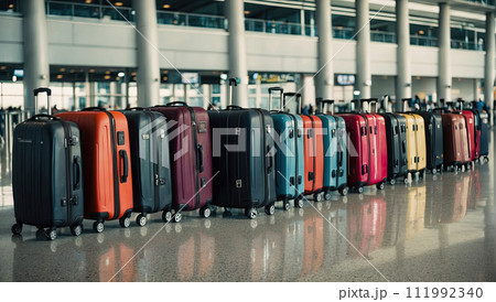 A bunch of suitcases at the airport - cargo control, baggage allowance and hand luggage parameters on the plane, security, check-in and delivery of personal belongings. AI generated 111992340