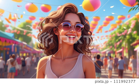 A happy woman at the summer sunny open air festival is happy and smiling against the background of balloons and flowers. AI generated 111992377