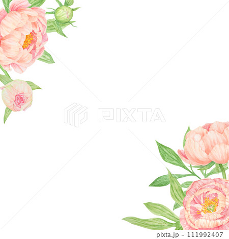 Peach peony bouquet watercolor hand drawn frame. Chinese national symbol illustration. Realistic flower clipart, floral arrangement for card design, wedding invitation, prints, textile, packing 111992407
