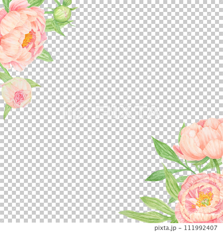 Peach peony bouquet watercolor hand drawn frame. Chinese national symbol illustration. Realistic flower clipart, floral arrangement for card design, wedding invitation, prints, textile, packing 111992407