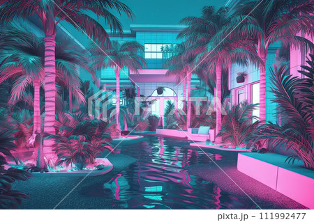 Neon lightened hotel lobby in synthwave style....のイラスト素材 [111992477 ...