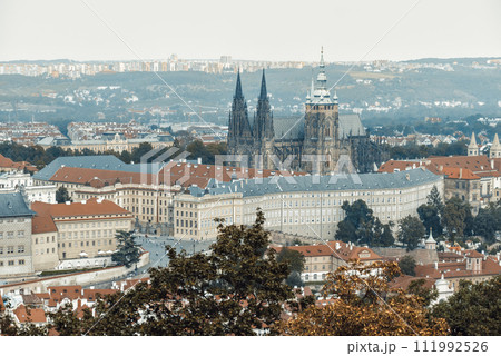 Aerial view on Prague Castle and Saint Vitus Cathedral. Prague, Czech Republic 111992526