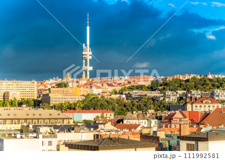 Prague cityscape with the famous Zizkov Television Tower 111992581