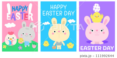 Happy Easter creative poster collection Set of easter greeting card with cute illustrations in cartoon style Egg hunt event invitation template Ideal for flyer postcard promo Vector illustration Happy Easter creative poster collection Set of easter greeting card with cute illustrations in cartoon style Egg hunt event invitation template Ideal for flyer postcard promo Vector illustration 111992644