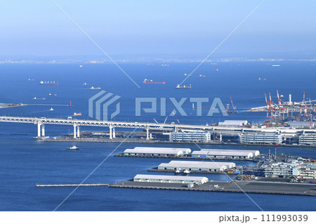日本の横浜都市景観　横浜側から・海上を行くタンカーやVICTORIA HIGHWAY（大黒ふ頭出航） 111993039