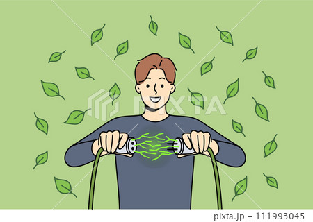 Man uses green energy obtained from environmentally friendly sources and connects two wires Man uses green energy obtained from environmentally friendly sources and connects two wires 111993045