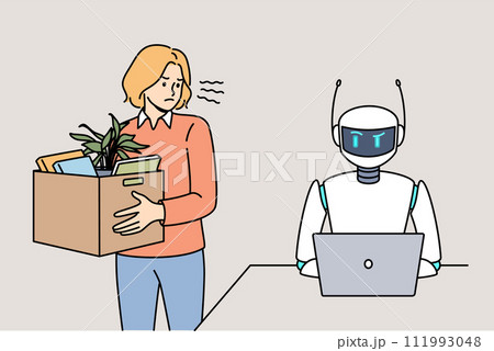 Woman fired due to robotization business processes stands with dismissal box near robot with laptop Woman fired due to robotization business processes stands with dismissal box near robot with laptop 111993048