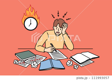 Excited man student is writing thesis and panicking because of deadline, sitting near burning clock Excited man student is writing thesis and panicking because of deadline, sitting near burning clock 111993057