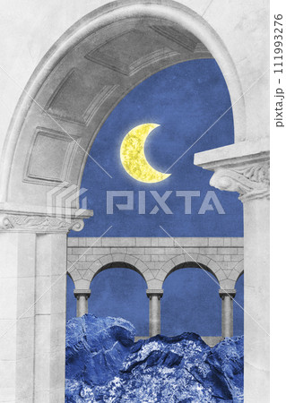 Surreal collage with elements classic architecture. Art poster, concept, zine cover. Antique cityscape 111993276