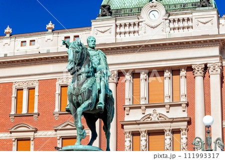 Prince Mihailo monument at Square of the Republic in front of National Museum. Belgrade, Serbia 111993317