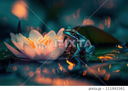 A small bright green frog sits on a water lily leaf in a forest pond A small bright green frog sits on a water lily leaf in a forest pond 111993361