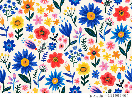 Bold folk art flowers pattern, big blue, red and yellow flowers field, bright garden texture for print on paper and textile. Random ditsy detailed ornament Bold folk art flowers pattern, big blue, red and yellow flowers field, bright garden texture for print on paper and textile. Random ditsy detailed ornament 111993464