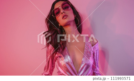 A beautiful young woman in a light pink metallic jumpsuit and VR glasses stands on a minimalistic gradient pink-violet A beautiful young woman in a light pink metallic jumpsuit and VR glasses stands on a minimalistic gradient pink-violet 111993571