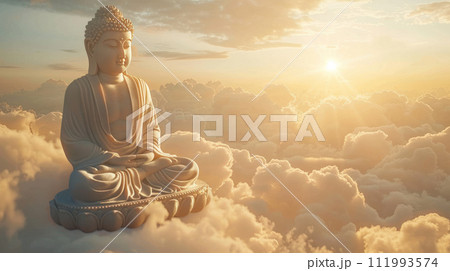 Golden Buddha statue in the clouds on the left. Minimalistic sky background with sun rays 111993574