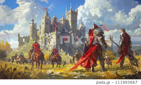 Ancient ruins whispering prophecies, knights in shining armor, castles standing tall against the orc hordes 111993667