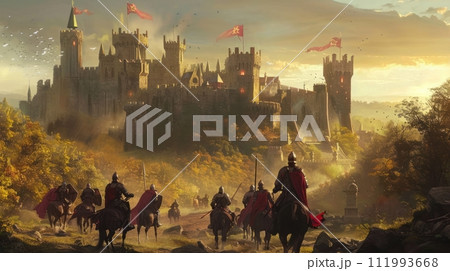 Ancient ruins whispering prophecies, knights in shining armor, castles standing tall against the orc hordes 111993668
