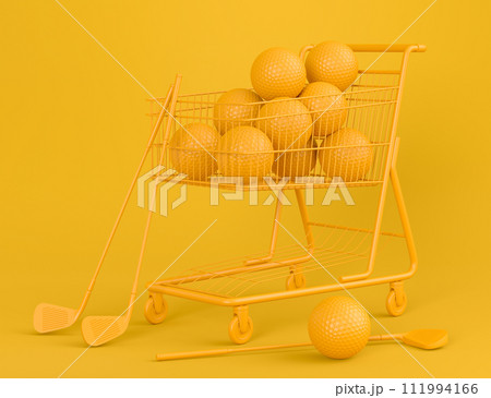 Set of ball like basketball, football and golf in shopping cart on monochrome Set of ball like basketball, football and golf in shopping cart on monochrome 111994166