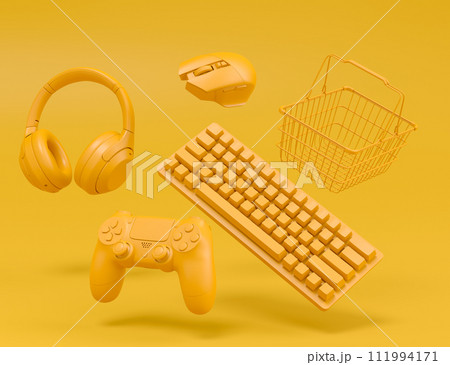 Gamer gears like mouse, keyboard, joystick, headset, VR and metal wire basket Gamer gears like mouse, keyboard, joystick, headset, VR and metal wire basket 111994171