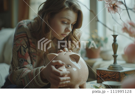 a woman is putting money into a piggy bank 111995128