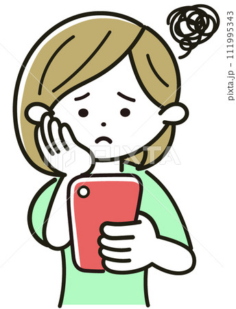 スマホを持って困っている女性のイラスト スマホを持って困っている女性のイラスト 111995343