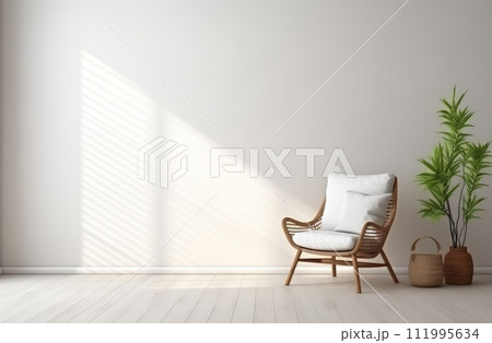 open shutters and wicker chair in the corner of a room 111995634