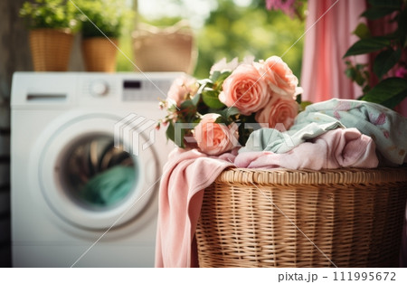 a laundry machine next to a wicker basket 111995672