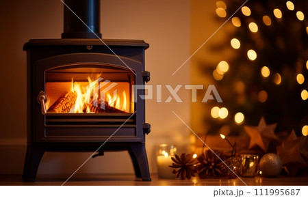 a log stove with fire burning at the front 111995687