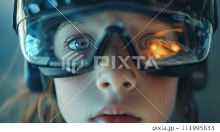Close-up of a child with VR headset, their eyes wide with wonder at the virtual adventures 111995833