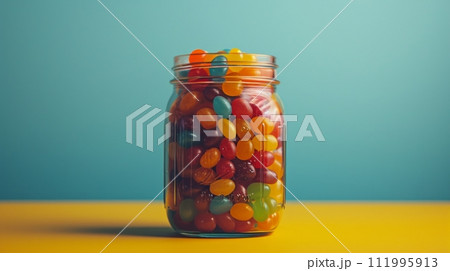 A symphony of colors and shapes in a jar of jellybeans, inviting indulgence with every bite 111995913
