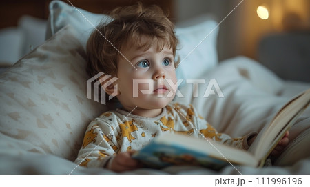 A young child in pajamas, intently listening to a bedtime story, captivated by tales of adventure 111996196