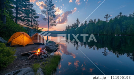 Capture the tranquility of a lakeside campsite: calm waters reflecting the sky, a crackling campfire, tents nestled among trees, inviting viewers to immerse themselves in the serenity of nature 111996198