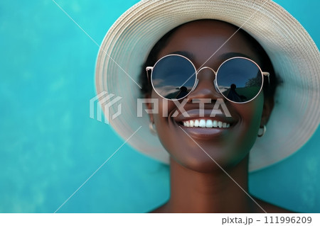 smiling woman in sunnies and hat women 111996209