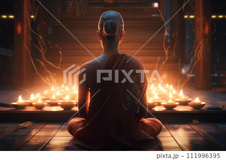 Monk in Yoga Lotus Pose with Flames and Lightnings, Connecting to Meditative Space, Generative AI 111996395