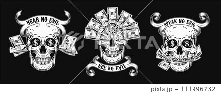 Labels with skull, cash money, 100 dollar bills, dollar sign, vintage ribbon. Creative interpretation of Three wise monkeys. Text See, hear, speak no evil. Corruption concept. Black background. 111996732