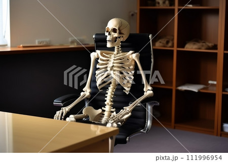 Working to Death: Skeleton in Office Chair Illustration for Office Environment Concept, Generative AI Working to Death: Skeleton in Office Chair Illustration for Office Environment Concept, Generative AI 111996954