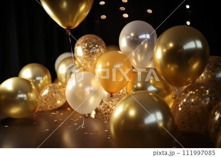 Celebration Decorations with Light Gold Color Balloons on Defocused Background, Generative AI 111997085