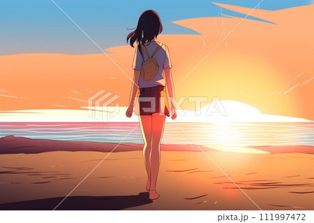 Solitary Stroll: Beautiful Anime Girl Walking Towards the Setting Sun at Beach, Sunset, Generative AI 111997472