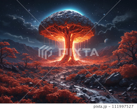 Night landscape with an alien tree 111997527